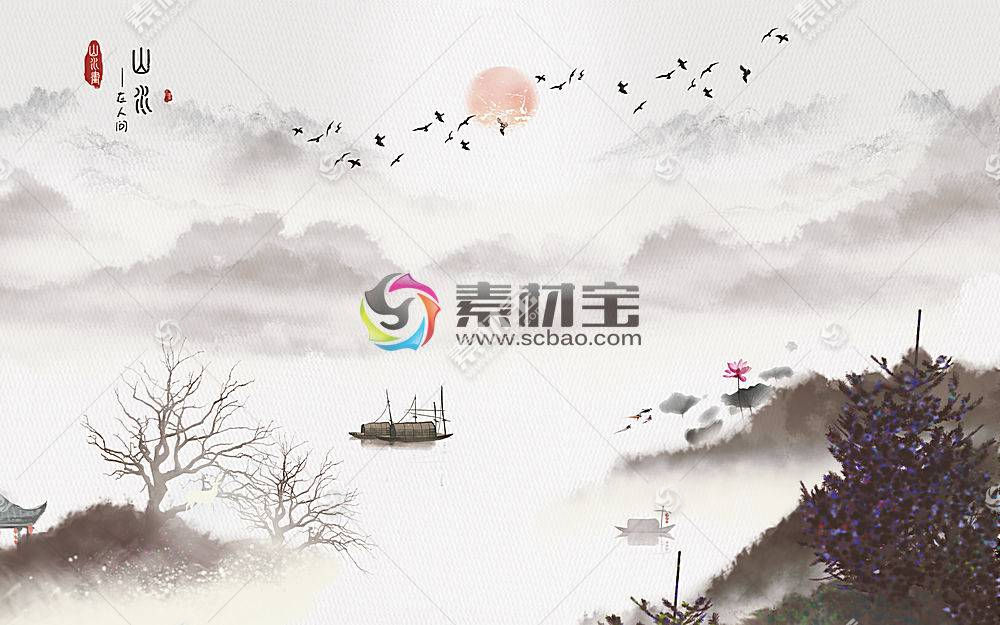 中国风山水花鸟背景墙