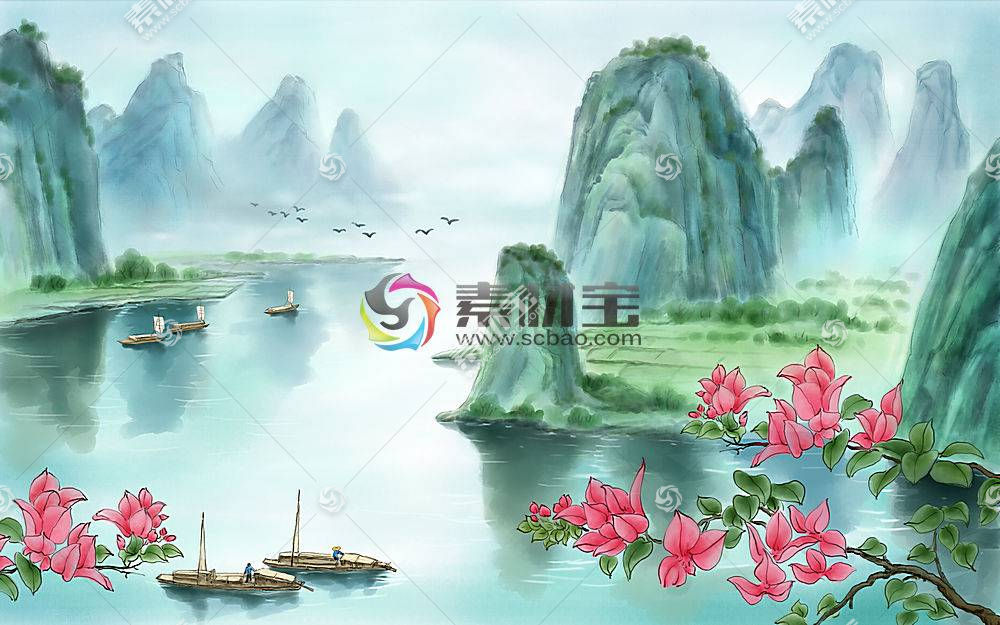 中国风彩墨山水花鸟背景墙