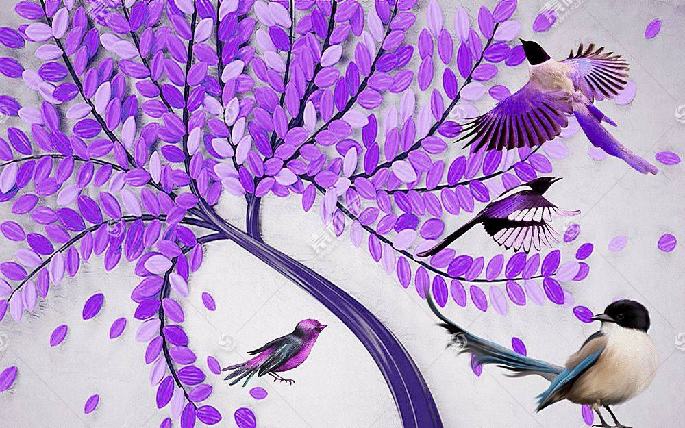 紫色树枝与小鸟主题3D家庭立体电视墙背景