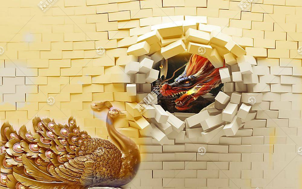 凤凰与龙主题3D家庭立体电视墙背景