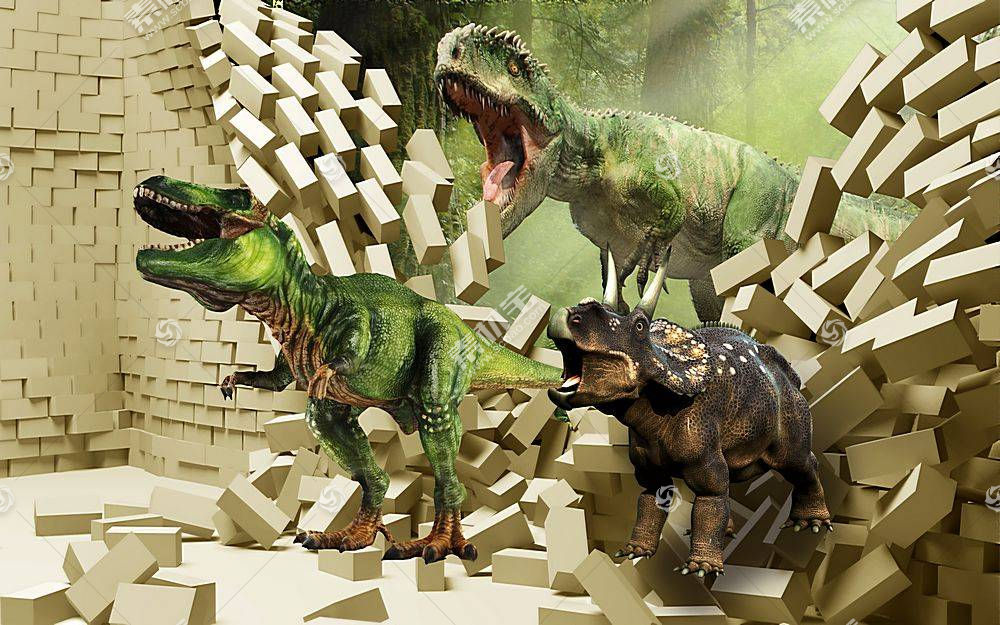 恐龙破墙而出主题3D家庭立体电视墙背景
