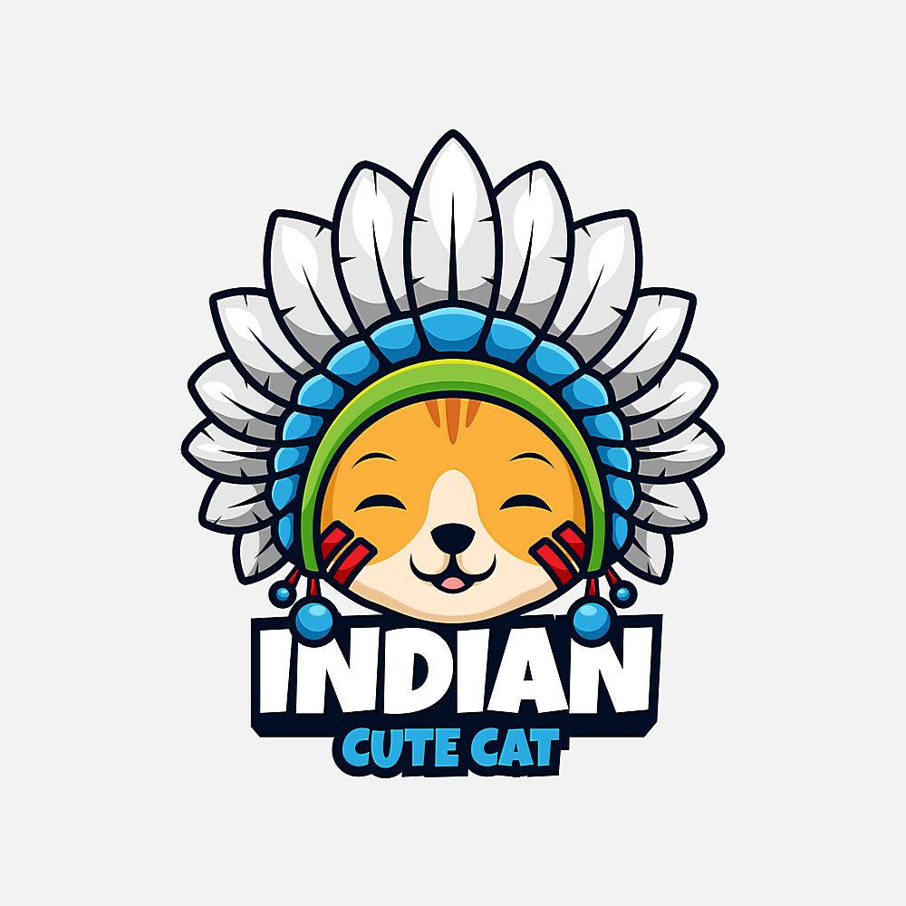 印第安人酋长猫咪主题可爱卡通logo图标设计图片