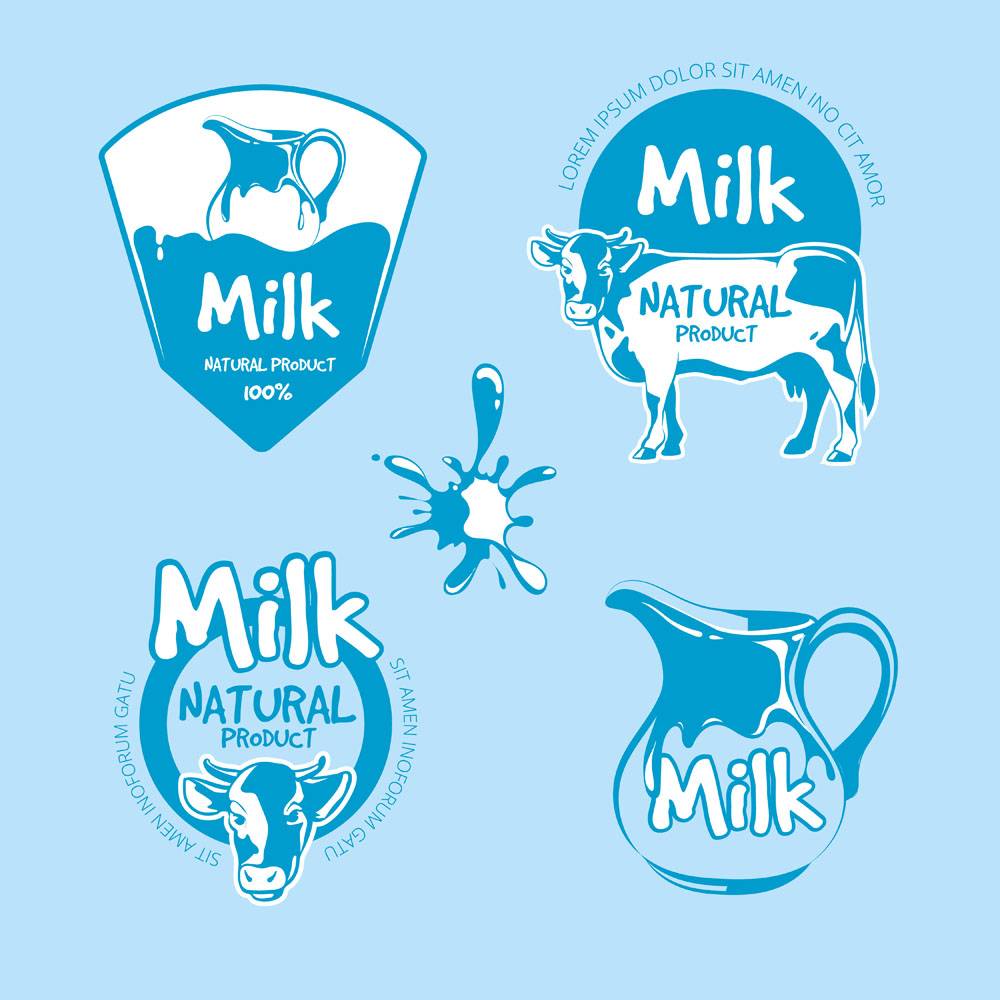 牛奶和奶牛场产品标识矢量集新鲜天然饮料_11059277