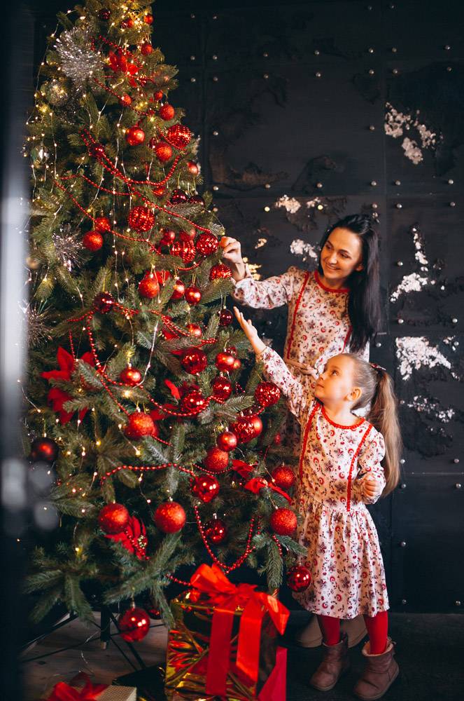 母亲带着女儿装饰圣诞树_3654130