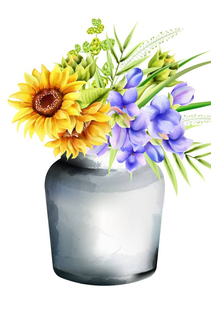 水彩陶瓷花瓶用向日葵牵牛花和朝鲜蓟绿矢量图片 图片id 花草树木 生物世界 矢量素材 素材宝scbao Com
