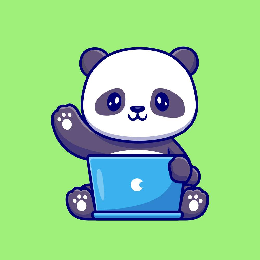 可爱的熊猫正在制作笔记本电脑卡通矢量图标