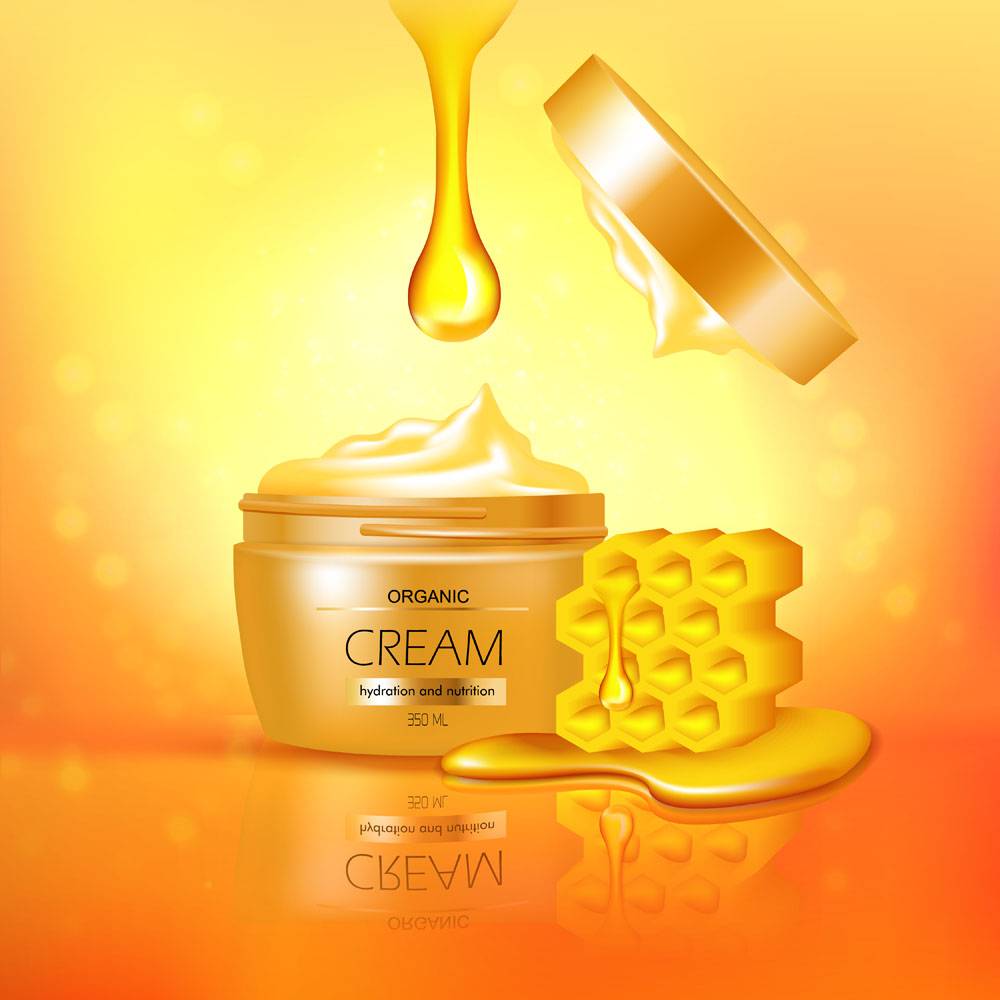 蜂蜜3d合成有机奶油罐反射在纹理发光的黄