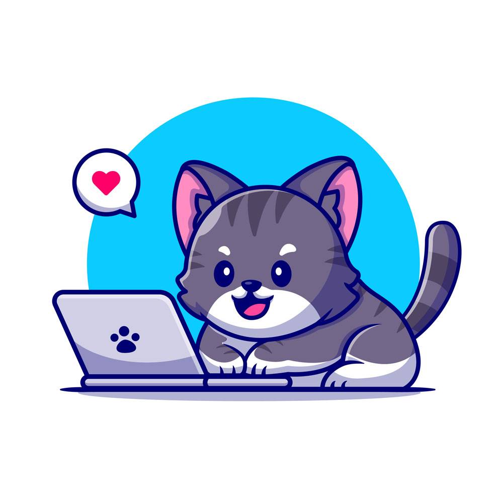 可爱的猫在笔记本电脑上工作卡通图标插图